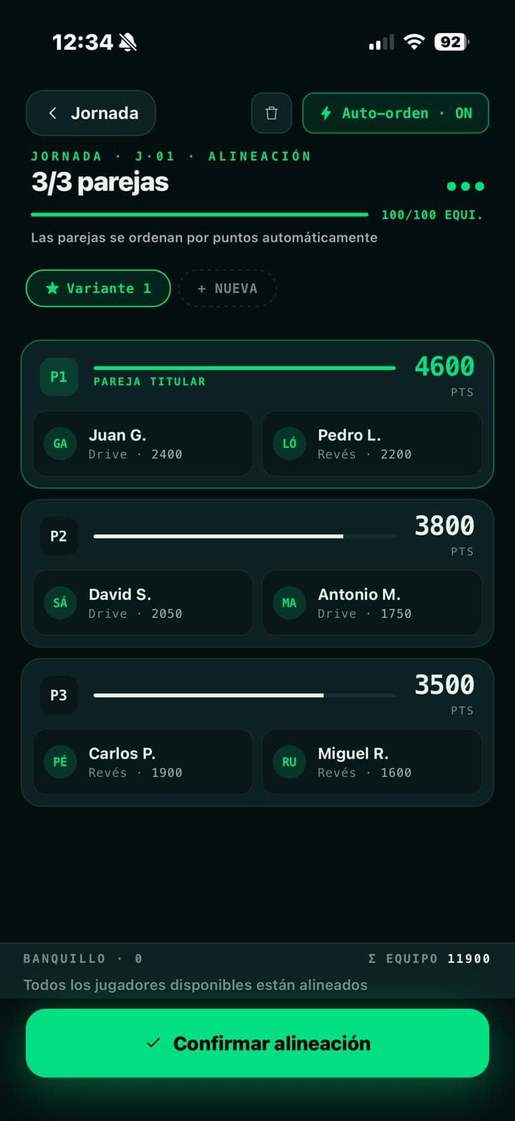 Pantalla de alineación con auto-orden y barras de puntos