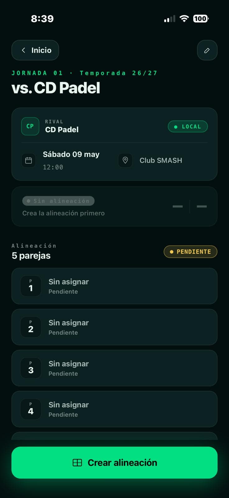 Pantalla de jornada pendiente con las parejas sin asignar